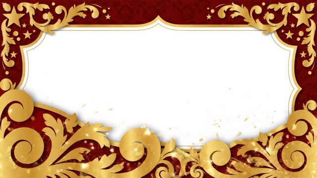 Elegant gold ornate frame on dark red background.