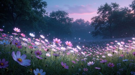 Obraz premium Magical meadow field with blooming cosmos flowers under soft twilight sky. Glowing lights float above colorful petals in dark forest atmosphere. Summer landscape features beautiful floral scenery at