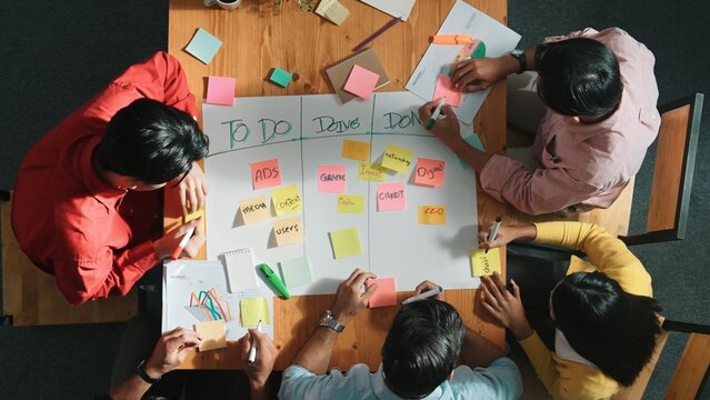 Top view of people writing and making scrum task board while writing marketing and planning strategy at colorful sticky notes. Smart team manage work performance by using kanaban board. Convocation.