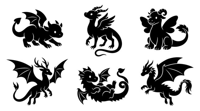 Cute stylized baby dragon silhouettes.