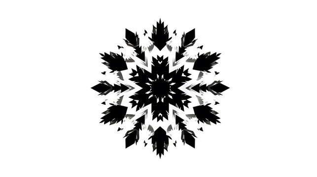 A black snowflake pattern with sharp, geometric edges radiating outwards. The design is symmetrical and resembles a starburst or mandala