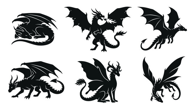 Collection of unique black dragon icon silhouettes.