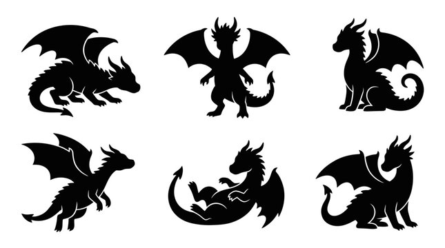 Compact dragon silhouette vector set.