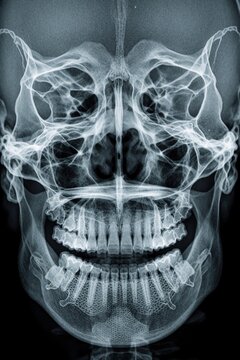 Medical x-ray image shows human skull, facial bone structure in detail. Radiology diagnostic scan teeth jaw nose sinus areas for trauma assessment. Specialist examine skeletal anatomy health