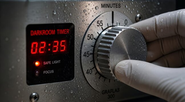Photographer adjusting vintage darkroom timer clock