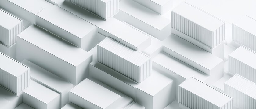 3D model of white buildings with different heights and shapes shown from above