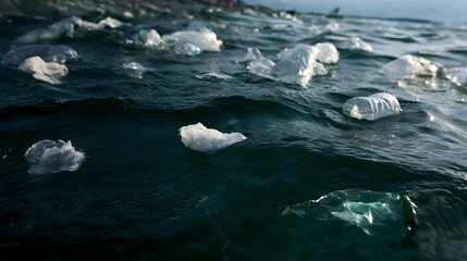 Naklejka premium Plastic bags and debris float on dark ocean waves under natural sunlight showing environmental pollution issue