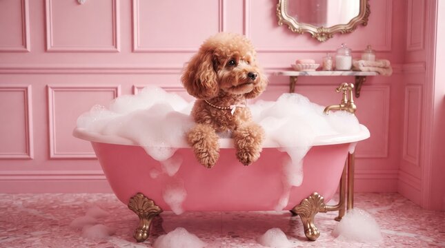 Cute fluffy puppy sitting in a pink vintage clawfoot bathtub filled with bubbly soapy water