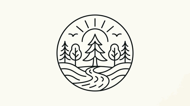 Circular forest landscape emblem with sun and river.