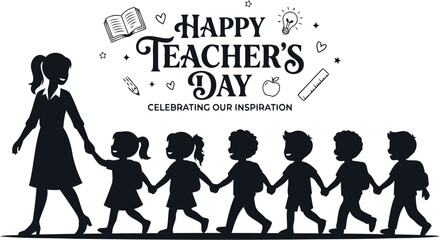 Obraz premium Teacher And Students Silhouette With School Supplies A Black And White Vector Illustration