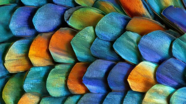 Colorful feathers create a pattern displaying shades of blue, green, and orange in a detailed close-up