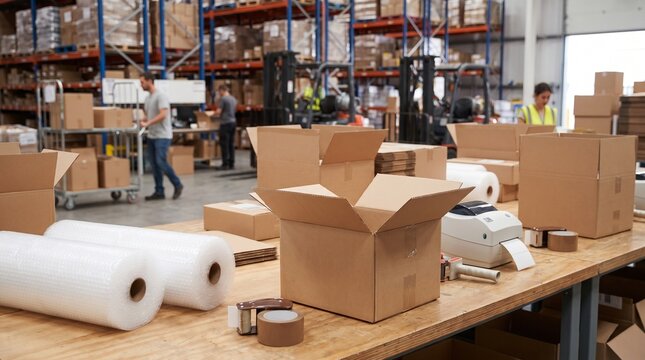 Cardboard boxes and packing supplies on a work table in a busy industrial warehouse with workers in the background