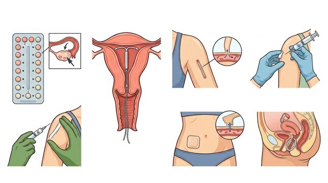 Collection showcases different contraception methods with illustrations of pills, injections, implants, and devices used in womens health.