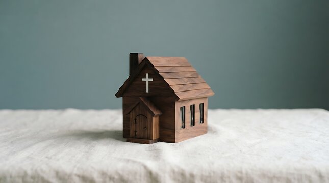 Small wooden church model with a cross on a table