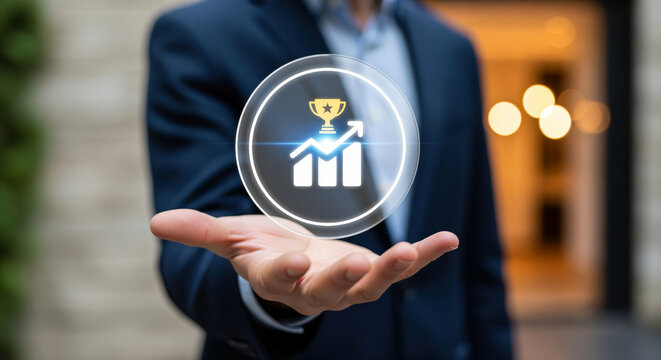 Trophy chart icon raising a winner cup over growing bars and a rising arrow, victory emblem about sales triumph, record results and rewarded effort in contest promotions and celebration publications