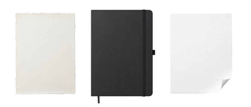 Textured black organizer journal paired with rustic deckled edge canvas page and thin grid paper with curled corner on dark backdrop for making artistic digital portfolios and scrapbooking