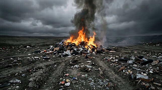 Large fire burning in a pile of trash and debris outdoors