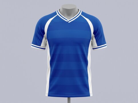 Blue and white soccer jersey shirt with v-neck collar for sports team uniform
