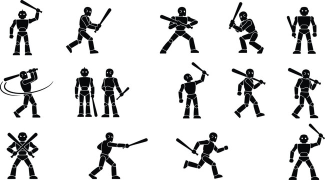 Set of stick figure silhouettes of people holding baseball bats.