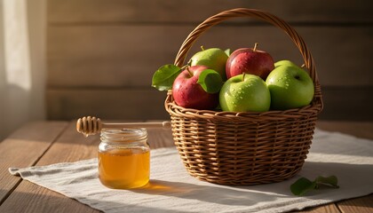 Obraz premium Fresh organic red and green apples in a wicker basket beside a jar of golden honey on a rustic wooden table for traditional Apple Spas holiday celebration concept
