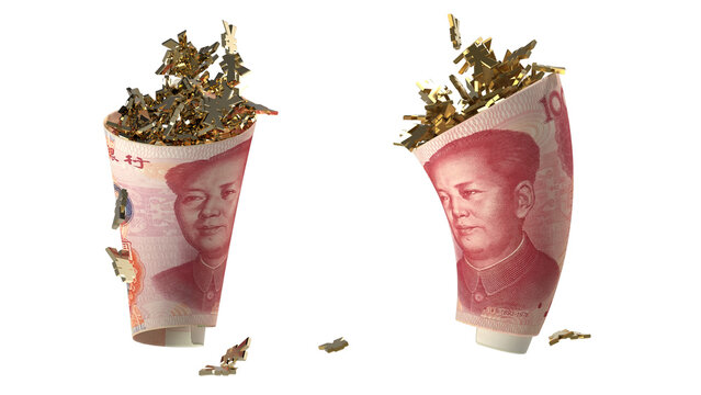 Rolled chinese yuan renminbi banknote filled with overflowing golden yuan signs