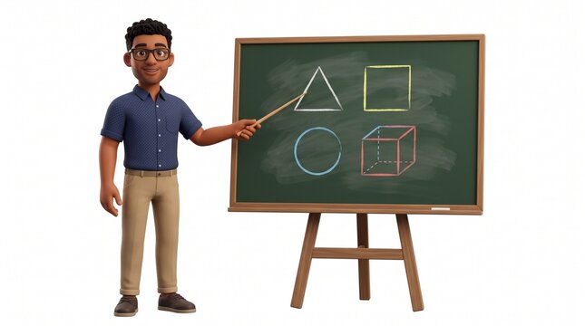 Professor ensina formas geometricas em quadro negro com giz
