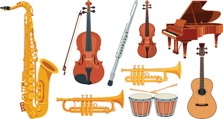 Symphony Orchestra Musical Instrument Vector Set Featuring Saxophone, Violin, Grand Piano, Trumpet, Flute, Bongo Drums, and Acoustic Guitar for Jazz Concert Poster Designs © MstMomena