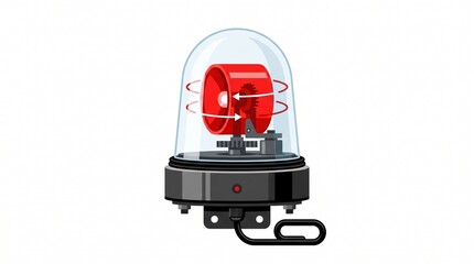 Naklejka premium Rotating Red Siren Light with Internal Gears and Arrows Indicating Motion on White Background
