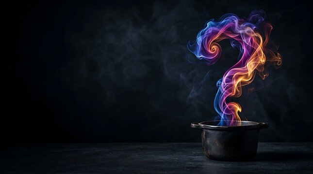 Question mark shaped vibrant smoke rising from a dark cooking pot