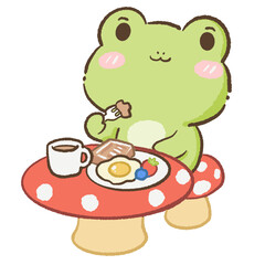 Fototapeta premium Cute Kawaii Chibi Frog Enjoying a Cozy Mushroom Breakfast with Coffee, Toast and Sunny Side Egg Woodland Cottagecore Clipart Illustration