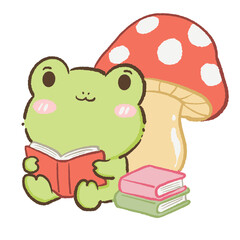 Fototapeta premium Cute Kawaii Chibi Frog Reading a Book Beside a Giant Fly Agaric Mushroom Cozy Woodland Library Cottagecore Clipart Illustration