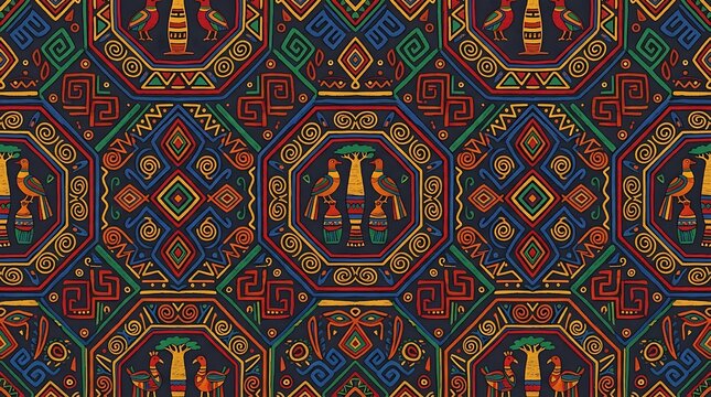 Vibrant tribal pattern with birds and geometric motifs