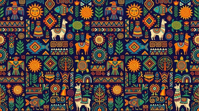 Vibrant south american ethnic pattern with llamas and tribal symbols