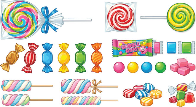 Sweet candy and confectionery vector set with colorful lollipops wrapped hard candies marshmallows bubble gum and jelly beans