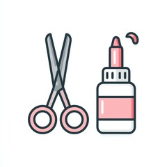 Obraz premium Craft tools are shown featuring scissors and glue in a simple line art design. The tools have pink accents on their functional parts.