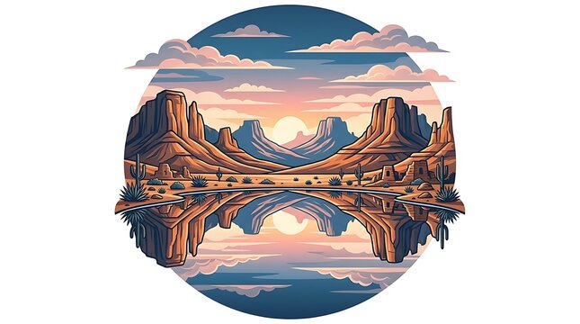 Desert landscape sunset with mountain reflections in a circular frame