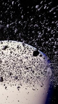 A large planet in space with many asteroids floating around it. The background is dark, and the planets surface has a smooth curve. Asteroids are scattered widely.