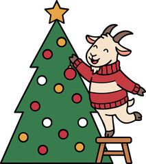 Naklejka premium Goat decorating Christmas tree with glass baubles