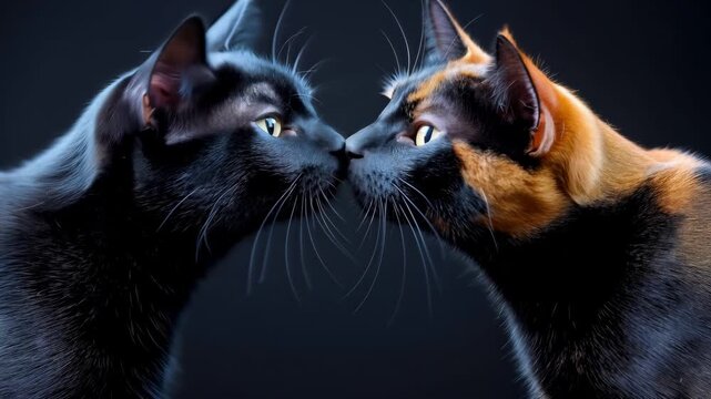 Black cat and calico cat facing each other closely in profile against a dramatic dark background