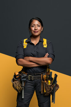 Confident female electrician standing with a tool belt, tradeswoman portrait