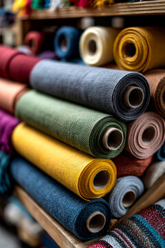 Colorful fabric roll stack in textile shop close-up