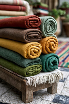Stacked rolled fabric blankets in earthy colors on bench