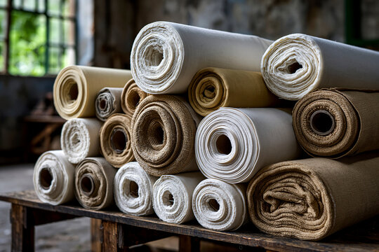 Stacked fabric rolls in textile workshop with natural light