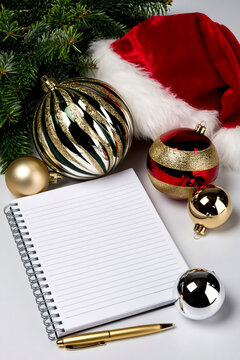 Christmas notebook with festive ornament and Santa hat