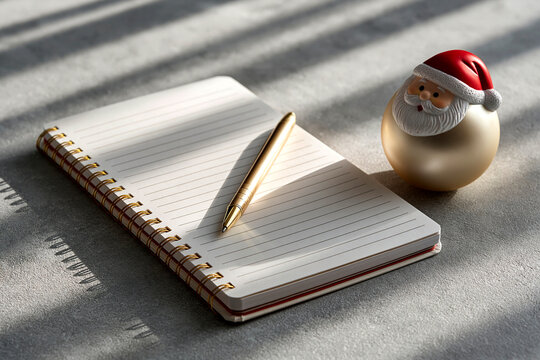 Christmas notebook with golden pen and Santa decoration