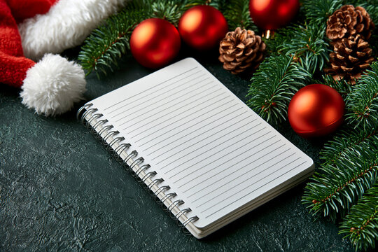 Christmas notebook with festive fir branches and ornaments