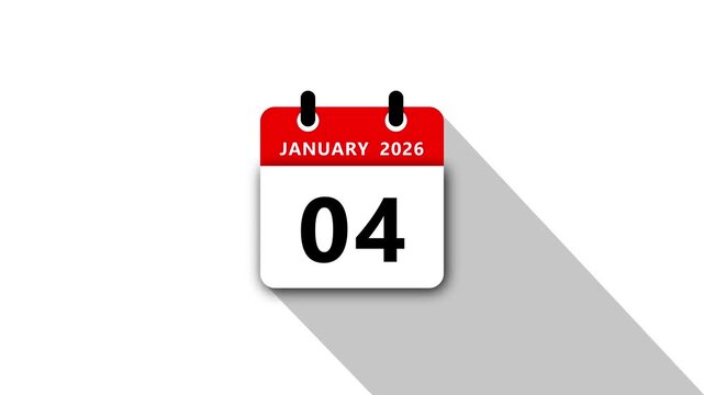 January 4 Daily Calendar. Red Theme on White Background.January 2026 Calendar Icon Animation, New Year Date Flip,Modern Desk Calendar,Clean Minimal Schedule Reminder Event Planning,Time Management