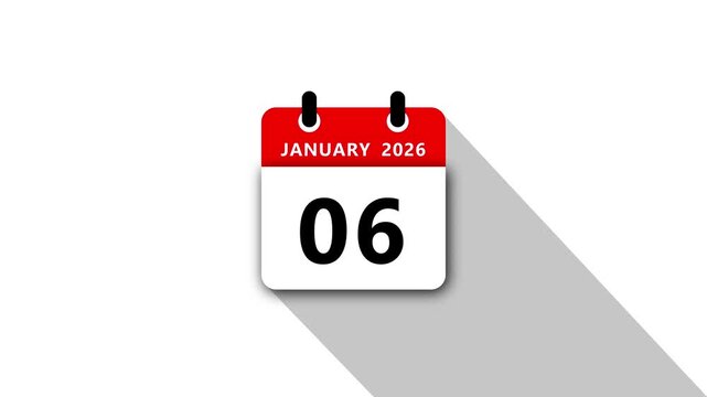 January 6 Daily Calendar. Red Theme on White Background.January 2026 Calendar Icon Animation, New Year Date Flip,Modern Desk Calendar,Clean Minimal Schedule Reminder Event Planning,Time Management
