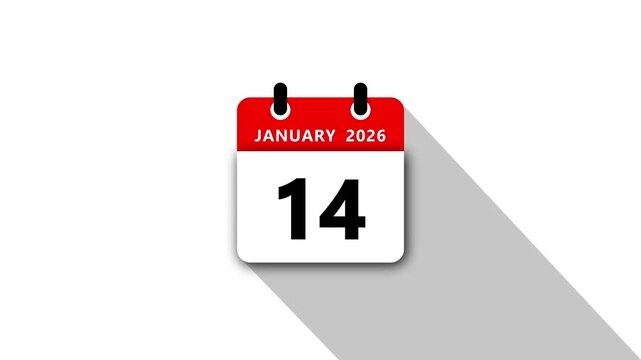 January 14 Daily Calendar. Red Theme on White Background.January 2026 Calendar Icon Animation, New Year Date Flip,Modern Desk Calendar,Clean Minimal Schedule Reminder Event Planning,Time Management