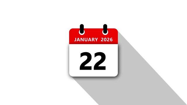 January 22 Daily Calendar. Red Theme on White Background.January 2026 Calendar Icon Animation, New Year Date Flip,Modern Desk Calendar,Clean Minimal Schedule Reminder Event Planning,Time Management
